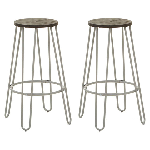 A set of two bar stools featuring round elm wood seats and slender metal legs with a light finish, designed for a modern aesthetic. The stools are positioned side by side, showcasing their minimalist design and sturdy construction