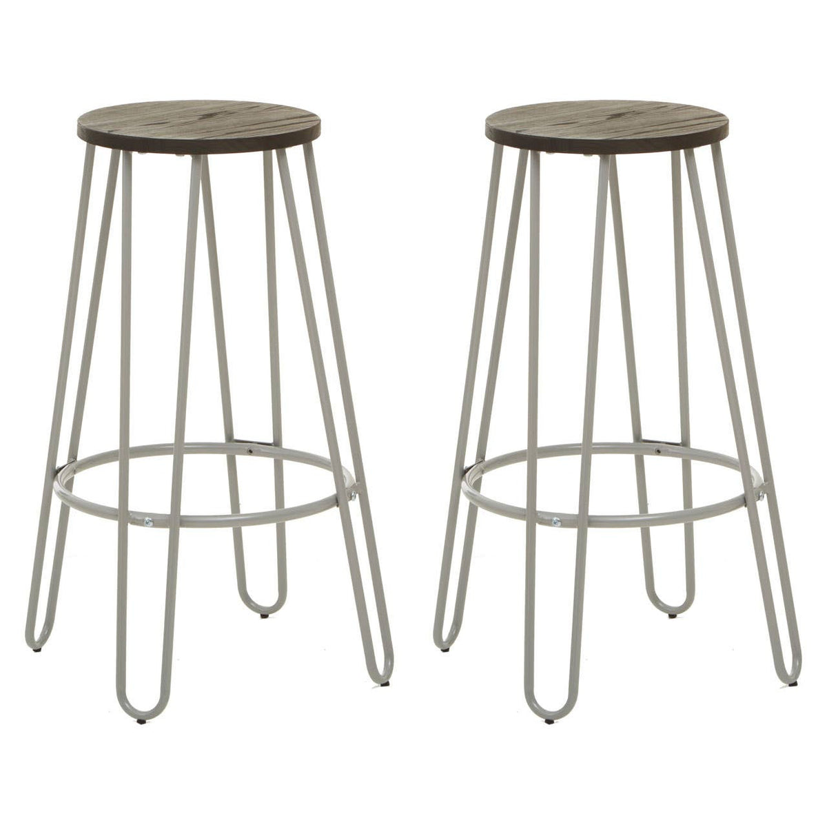 A set of two bar stools featuring round elm wood seats and slender metal legs with a light finish, designed for a modern aesthetic. The stools are positioned side by side, showcasing their minimalist design and sturdy construction