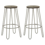 A set of two bar stools featuring round elm wood seats and slender metal legs with a light finish, designed for a modern aesthetic. The stools are positioned side by side, showcasing their minimalist design and sturdy construction