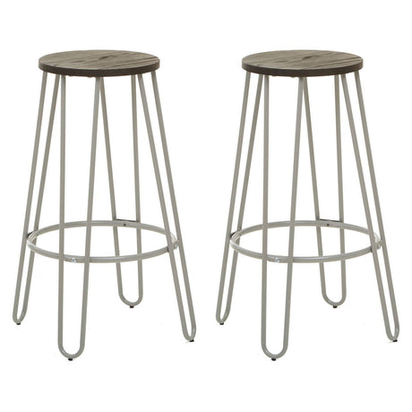 A set of two bar stools featuring round elm wood seats and slender metal legs with a light finish, designed for a modern aesthetic. The stools are positioned side by side, showcasing their minimalist design and sturdy construction