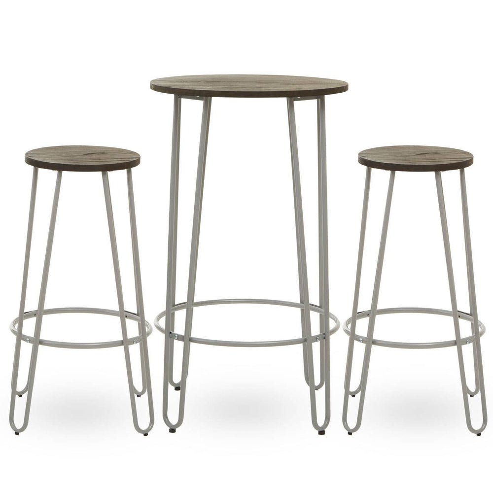 Three-piece bar table and stool set featuring a round elm wood tabletop supported by slender metal legs, accompanied by two matching stools with round seats and similar metal bases. The overall design is modern and minimalist, showcasing a natural wood finish