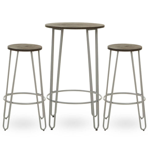 Three-piece bar table and stool set featuring a round elm wood tabletop supported by slender metal legs, accompanied by two matching stools with round seats and similar metal bases. The overall design is modern and minimalist, showcasing a natural wood finish
