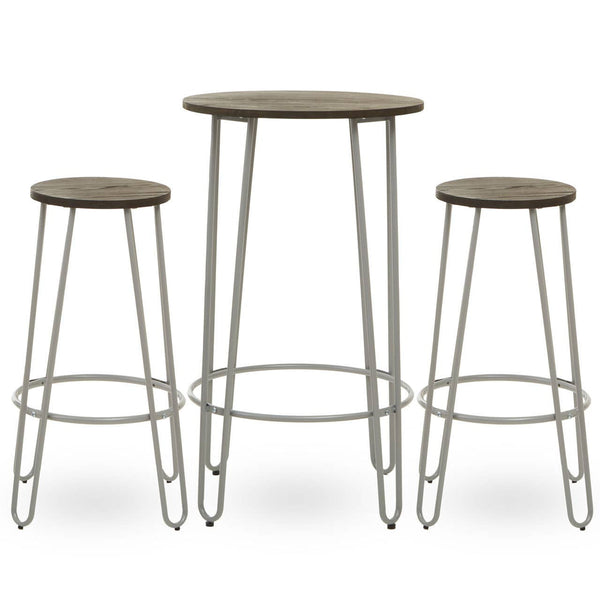 Three-piece bar table and stool set featuring a round elm wood tabletop supported by slender metal legs, accompanied by two matching stools with round seats and similar metal bases. The overall design is modern and minimalist, showcasing a natural wood finish