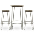 Three-piece bar table and stool set featuring a round elm wood tabletop supported by slender metal legs, accompanied by two matching stools with round seats and similar metal bases. The overall design is modern and minimalist, showcasing a natural wood finish