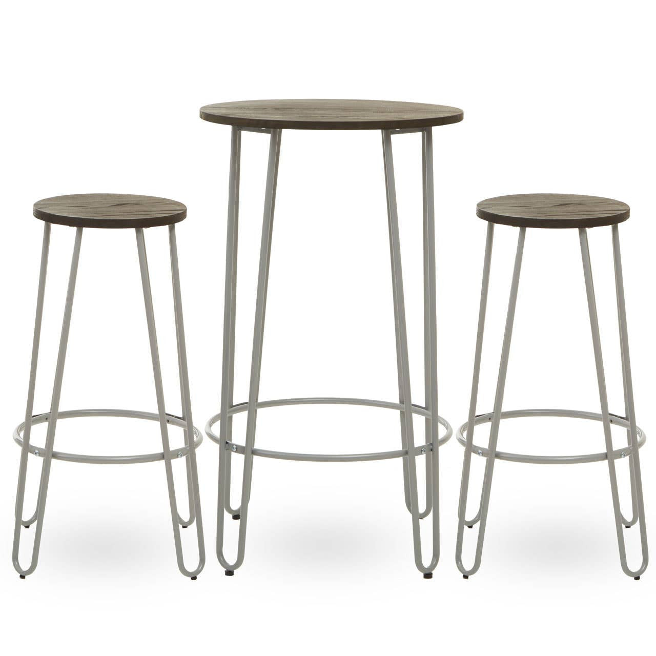 Three-piece bar table and stool set featuring a round elm wood tabletop supported by slender metal legs, accompanied by two matching stools with round seats and similar metal bases. The overall design is modern and minimalist, showcasing a natural wood finish