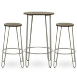 Three-piece bar table and stool set featuring a round elm wood tabletop supported by slender metal legs, accompanied by two matching stools with round seats and similar metal bases. The overall design is modern and minimalist, showcasing a natural wood finish