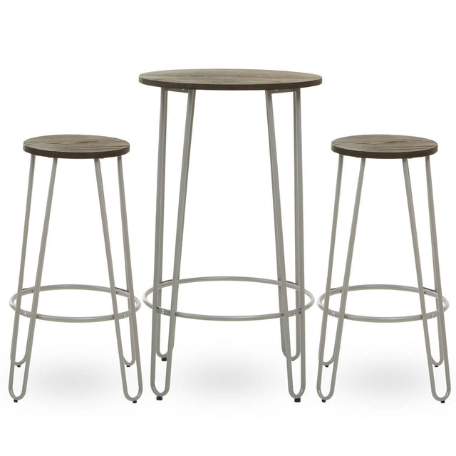 Three-piece bar table and stool set featuring a round elm wood tabletop supported by slender metal legs, accompanied by two matching stools with round seats and similar metal bases. The overall design is modern and minimalist, showcasing a natural wood finish