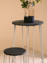 A round black elm wood bar table with slender metal legs, accompanied by a matching stool. The table features a glass vase with greenery on top, set against a soft beige background