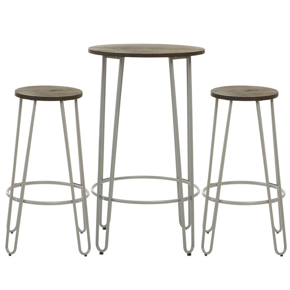 Three-piece bar table and stool set featuring a round elm wood tabletop supported by slender metal legs, accompanied by two matching stools with round seats and similar metal bases. The wood has a natural finish, while the metal is a sleek, modern design