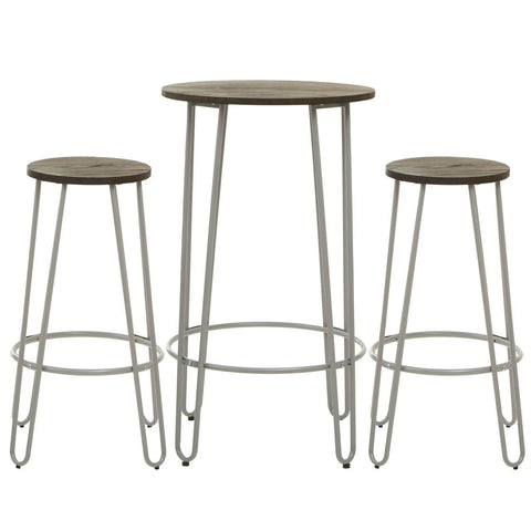 Three-piece bar table and stool set featuring a round elm wood tabletop supported by slender metal legs, accompanied by two matching stools with round seats and similar metal bases. The wood has a natural finish, while the metal is a sleek, modern design