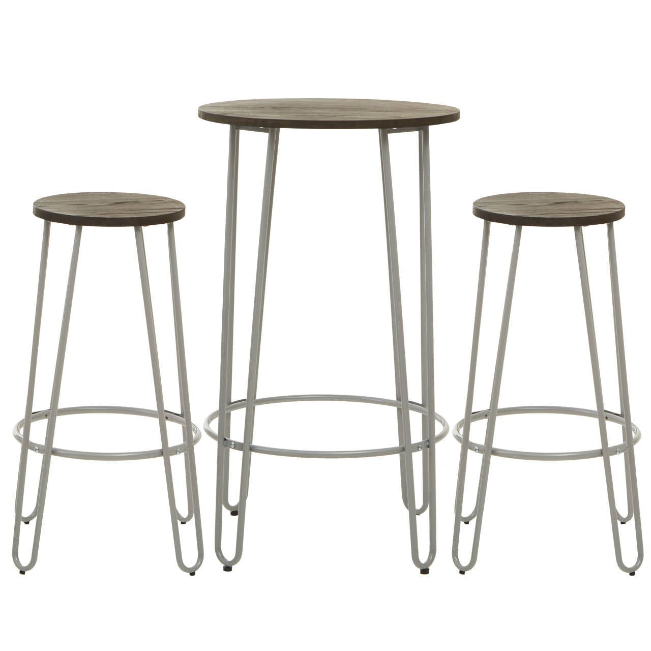 Three-piece bar table and stool set featuring a round elm wood tabletop supported by slender metal legs, accompanied by two matching stools with round seats and similar metal bases. The wood has a natural finish, while the metal is a sleek, modern design
