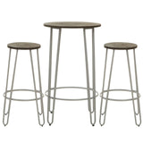 Three-piece bar table and stool set featuring a round elm wood tabletop supported by slender metal legs, accompanied by two matching stools with round seats and similar metal bases. The wood has a natural finish, while the metal is a sleek, modern design