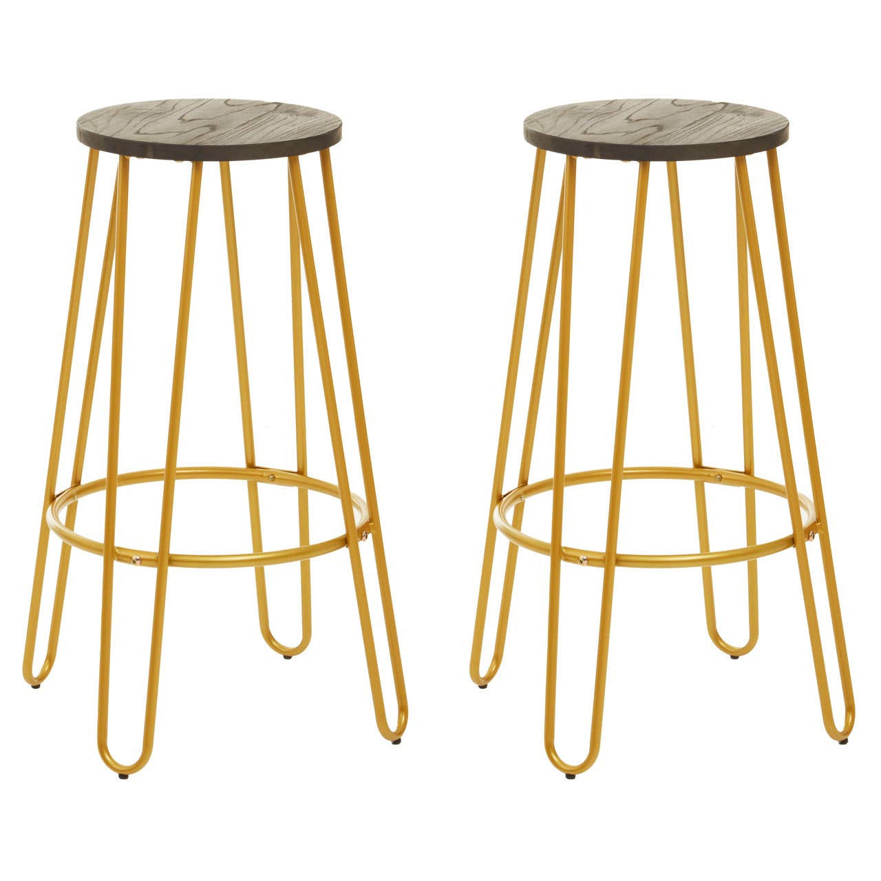 A set of two bar stools featuring a gold finish metal frame with slender legs and a circular gray seat. The stools have a modern design, showcasing a minimalist aesthetic suitable for various home decor styles