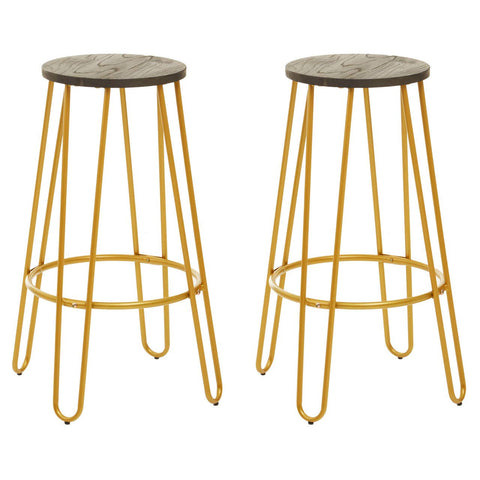 A set of two bar stools featuring a gold finish metal frame with slender legs and a circular gray seat. The stools have a modern design, showcasing a minimalist aesthetic suitable for various home decor styles