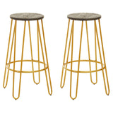 A set of two bar stools featuring a gold finish metal frame with slender legs and a circular gray seat. The stools have a modern design, showcasing a minimalist aesthetic suitable for various home decor styles