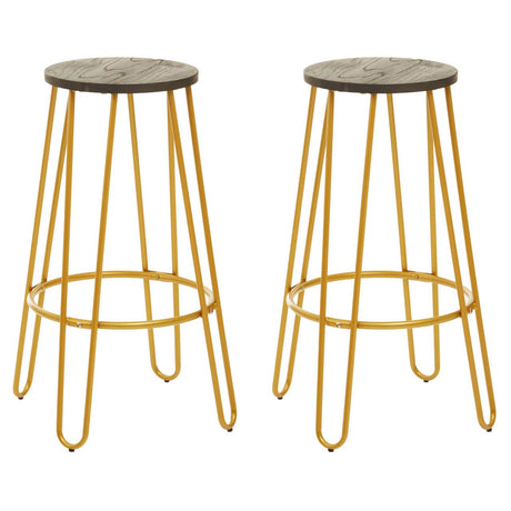 A set of two bar stools featuring a gold finish metal frame with slender legs and a circular gray seat. The stools have a modern design, showcasing a minimalist aesthetic suitable for various home decor styles