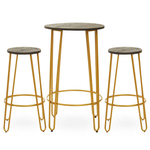A three-piece bar table and stool set featuring a round table with a gold finish and a smooth surface, accompanied by two matching stools with round seats and slender gold legs. The design is modern and minimalist, suitable for various home decor styles