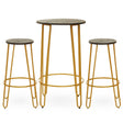 A three-piece bar table and stool set featuring a round table with a gold finish and a smooth surface, accompanied by two matching stools with round seats and slender gold legs. The design is modern and minimalist, suitable for various home decor styles