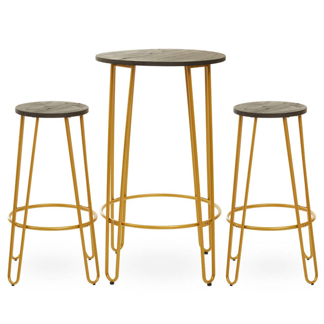A three-piece bar table and stool set featuring a round table with a gold finish and a smooth surface, accompanied by two matching stools with round seats and slender gold legs. The design is modern and minimalist, suitable for various home decor styles