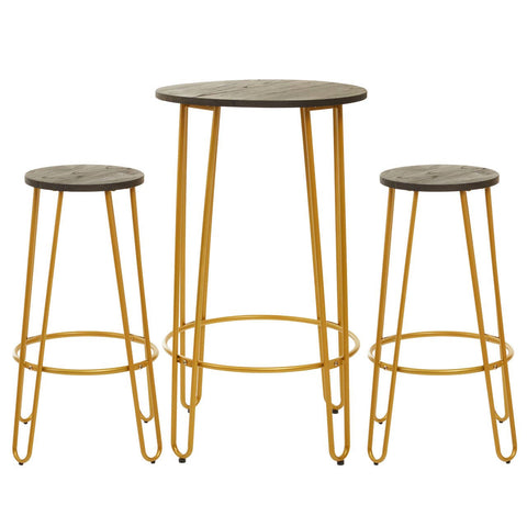 A three-piece bar table and stool set featuring a gold finish metal frame and round tops, with two smaller stools flanking a taller table. The table and stools have a minimalist design, showcasing a sleek and modern aesthetic suitable for home decor