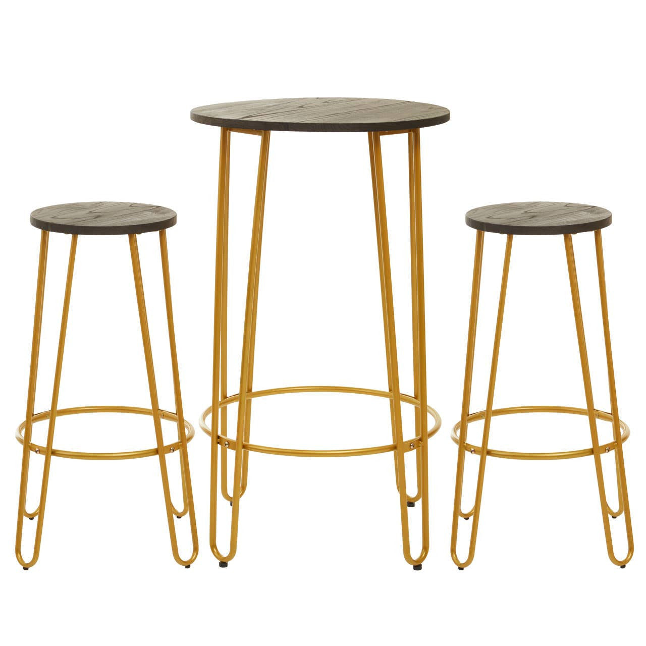 A three-piece bar table and stool set featuring a gold finish metal frame and round tops, with two smaller stools flanking a taller table. The table and stools have a minimalist design, showcasing a sleek and modern aesthetic suitable for home decor
