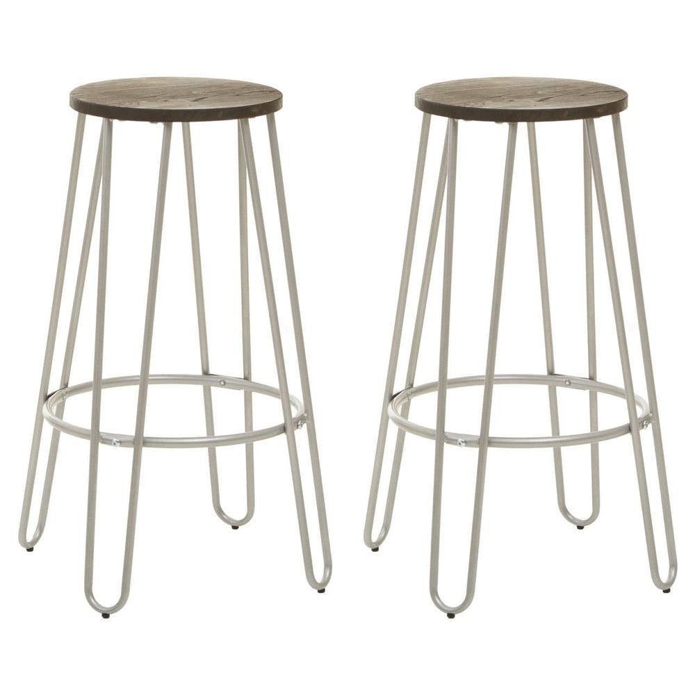 A set of two bar stools featuring a silver metal frame with a minimalist design, each topped with a round wooden seat. The legs are slender and tapered, providing a modern look suitable for various home decor styles