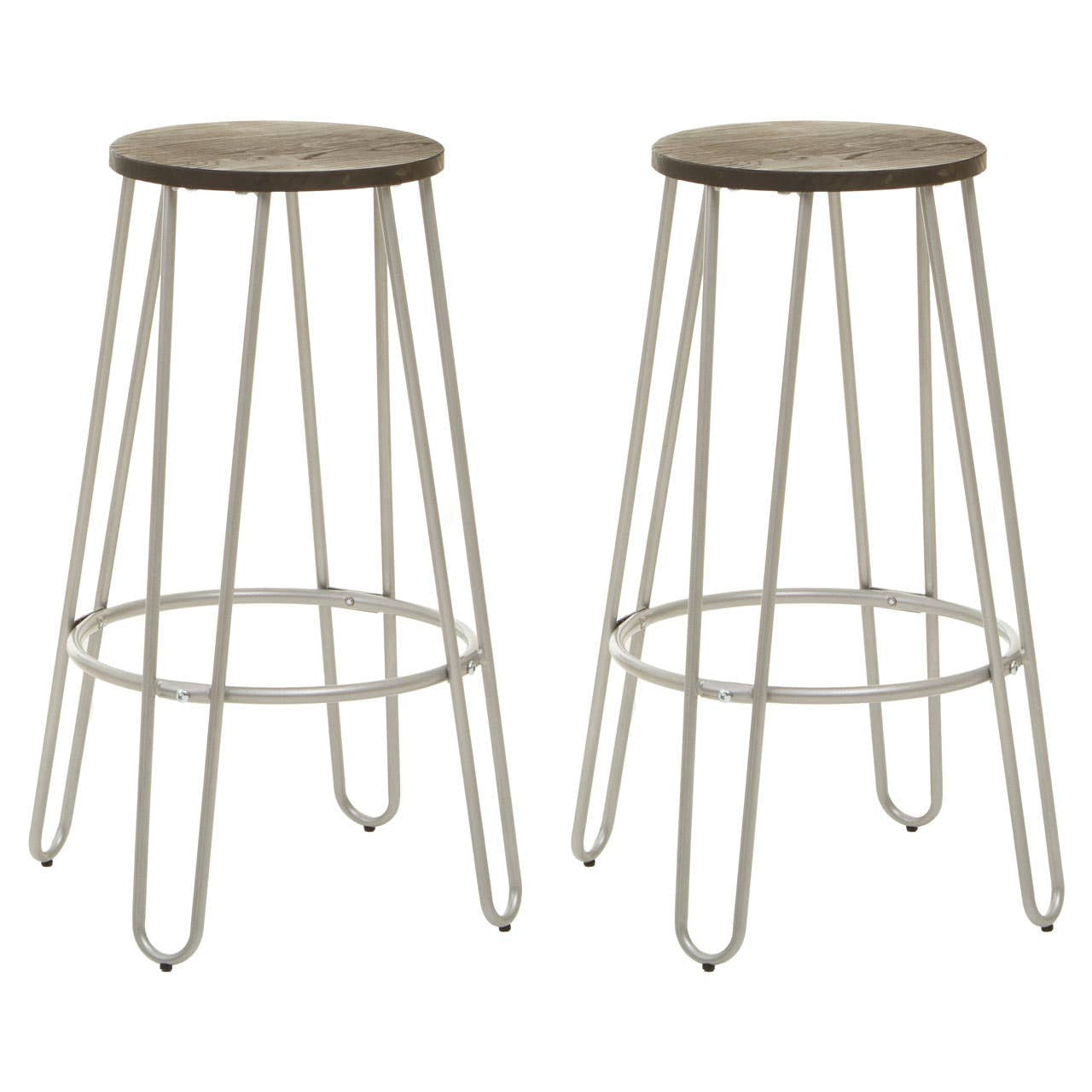 A set of two bar stools featuring a silver metal frame with a minimalist design, each topped with a round wooden seat. The legs are slender and tapered, providing a modern look suitable for various home decor styles