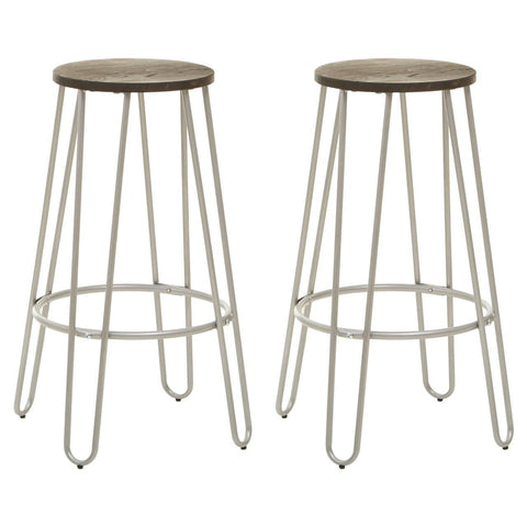 A set of two bar stools featuring a silver metal frame with a minimalist design, each topped with a round wooden seat. The legs are slender and tapered, providing a modern look suitable for various home decor styles