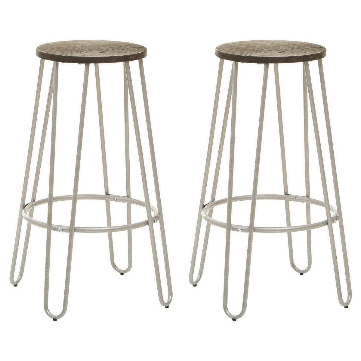 A set of two bar stools featuring a silver metal frame with a minimalist design, each topped with a round wooden seat. The legs are slender and tapered, providing a modern look suitable for various home decor styles