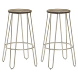 A set of two bar stools featuring a silver metal frame with a minimalist design, each topped with a round wooden seat. The legs are slender and tapered, providing a modern look suitable for various home decor styles