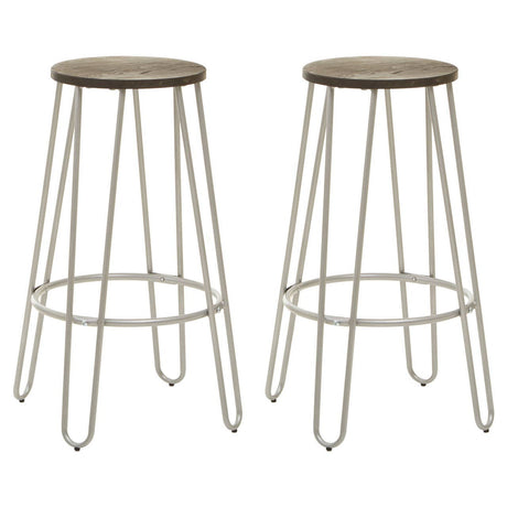 A set of two bar stools featuring a silver metal frame with a minimalist design, each topped with a round wooden seat. The legs are slender and tapered, providing a modern look suitable for various home decor styles