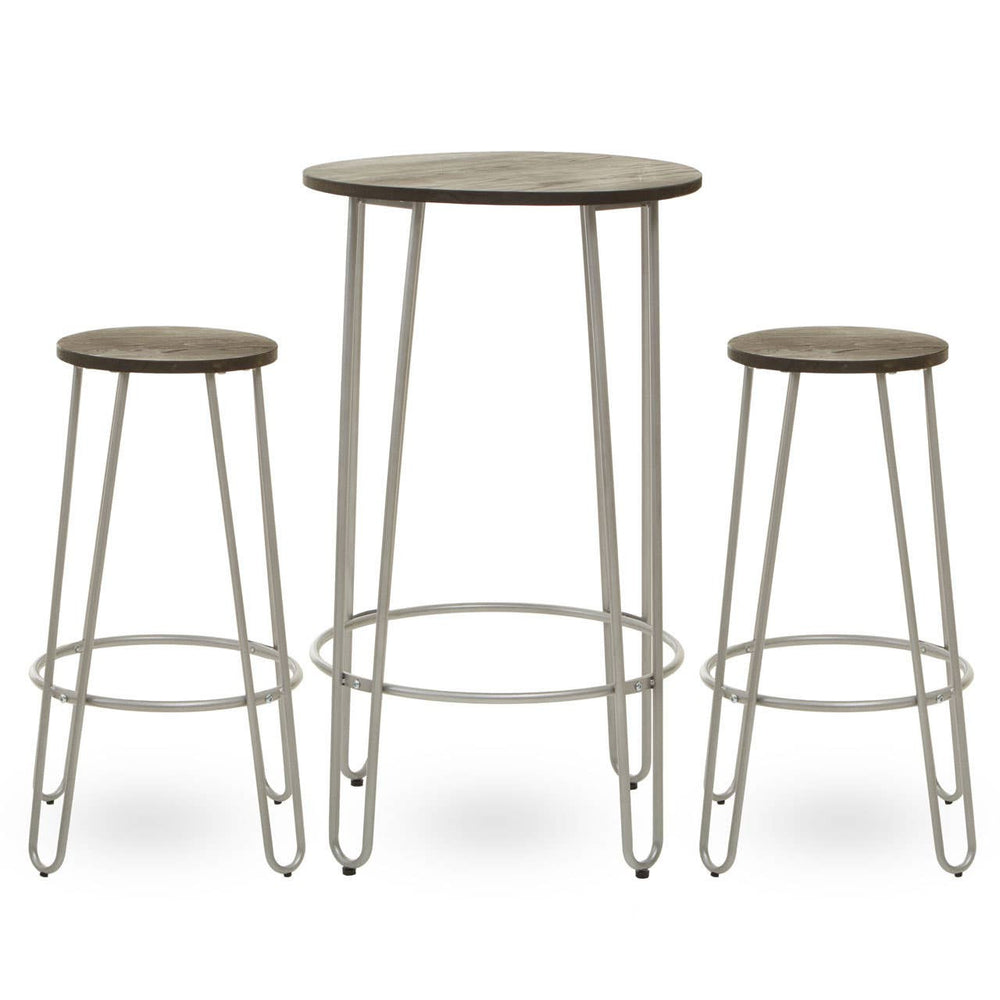 Three-piece bar table and stool set featuring a silver metal frame and wooden tops. The set includes one round bar table and two matching stools, all with slender legs and a minimalist design. The table is taller than the stools, creating a stylish and modern look suitable for various home settings
