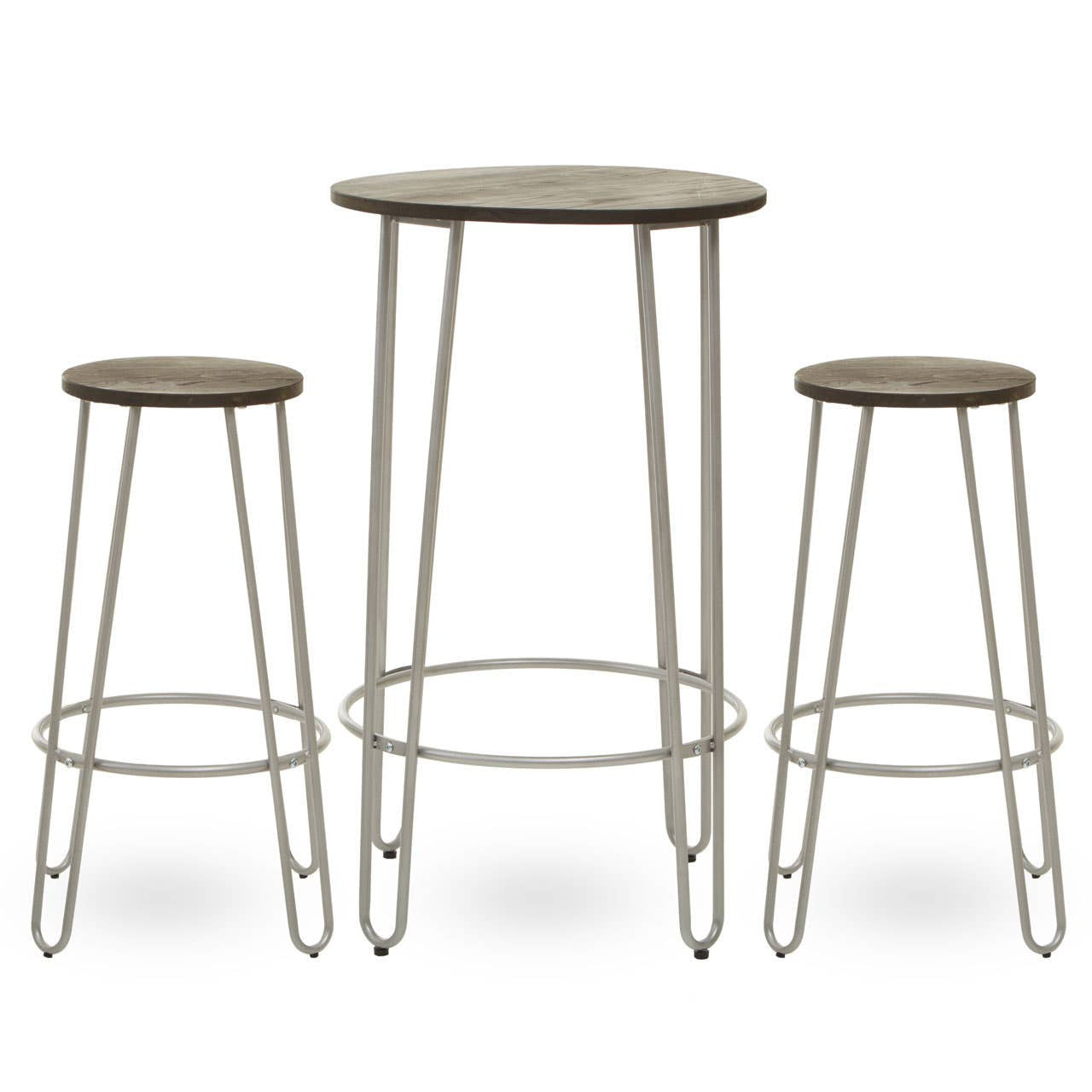 Three-piece bar table and stool set featuring a silver metal frame and wooden tops. The set includes one round bar table and two matching stools, all with slender legs and a minimalist design. The table is taller than the stools, creating a stylish and modern look suitable for various home settings