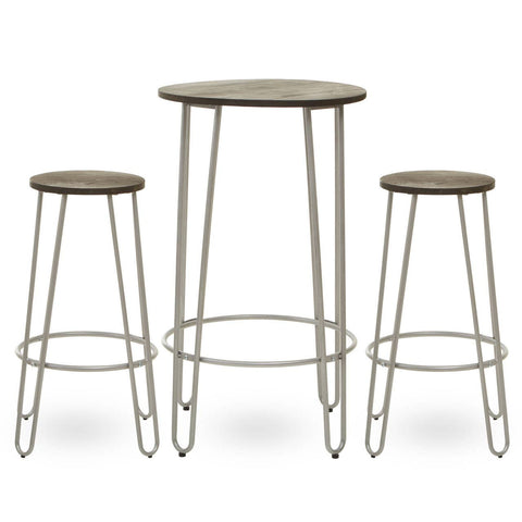 Three-piece bar table and stool set featuring a silver metal frame and wooden tops. The set includes one round bar table and two matching stools, all with slender legs and a minimalist design. The table is taller than the stools, creating a stylish and modern look suitable for various home settings