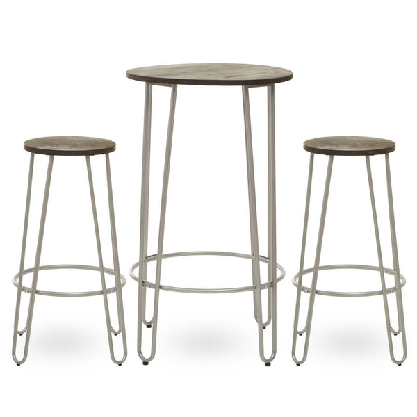 Three-piece bar table and stool set featuring a silver metal frame and wooden tops. The set includes one round bar table and two matching stools, all with slender legs and a minimalist design. The table is taller than the stools, creating a stylish and modern look suitable for various home settings