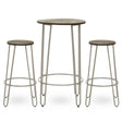 Three-piece bar table and stool set featuring a silver metal frame and wooden tops. The set includes one round bar table and two matching stools, all with slender legs and a minimalist design. The table is taller than the stools, creating a stylish and modern look suitable for various home settings