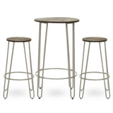 Three-piece bar table and stool set featuring a silver metal frame and wooden tops. The set includes one round bar table and two matching stools, all with slender legs and a minimalist design. The table is taller than the stools, creating a stylish and modern look suitable for various home settings