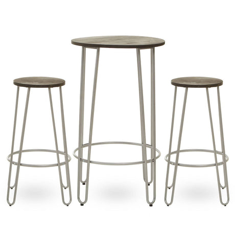 Three-piece bar table and stool set featuring a silver metal frame and wooden tops. The set includes one round bar table and two matching stools, all with slender legs and a minimalist design. The table is taller than the stools, creating a stylish and modern look suitable for various home settings