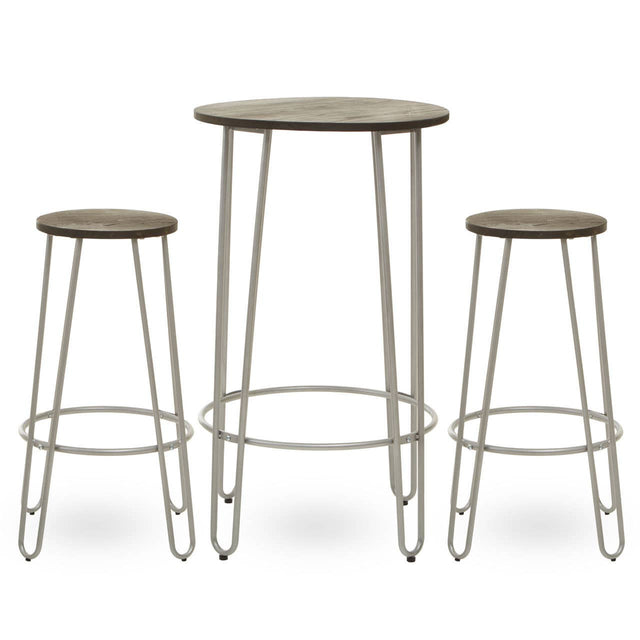 Three-piece bar table and stool set featuring a silver metal frame and wooden tops. The set includes one round bar table and two matching stools, all with slender legs and a minimalist design. The table is taller than the stools, creating a stylish and modern look suitable for various home settings
