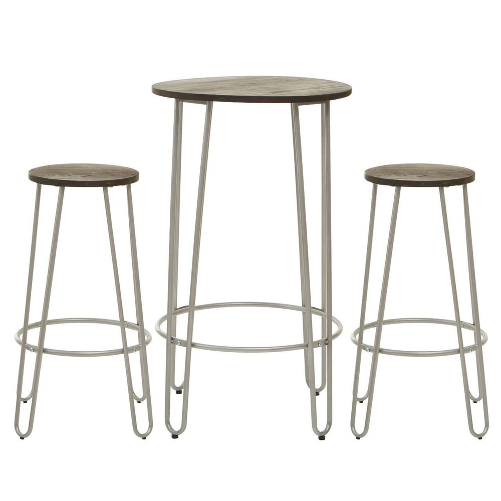Three-piece bar table and stool set featuring a silver metal frame with a round tabletop and two matching stools. The stools are shorter than the table and have a simple, modern design with slender legs. The tabletop and stool seats have a natural wood finish, creating a stylish contrast with the metallic frame