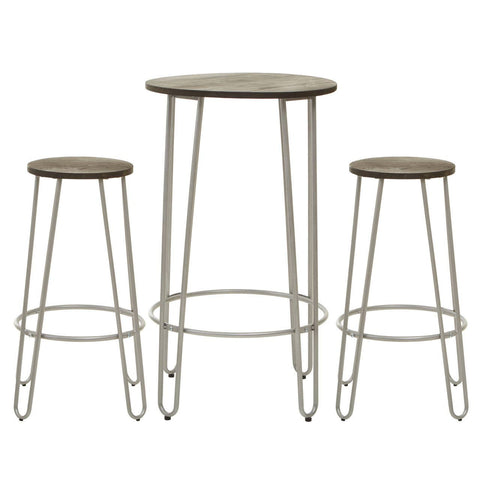 Three-piece bar table and stool set featuring a silver metal frame with a round tabletop and two matching stools. The stools are shorter than the table and have a simple, modern design with slender legs. The tabletop and stool seats have a natural wood finish, creating a stylish contrast with the metallic frame