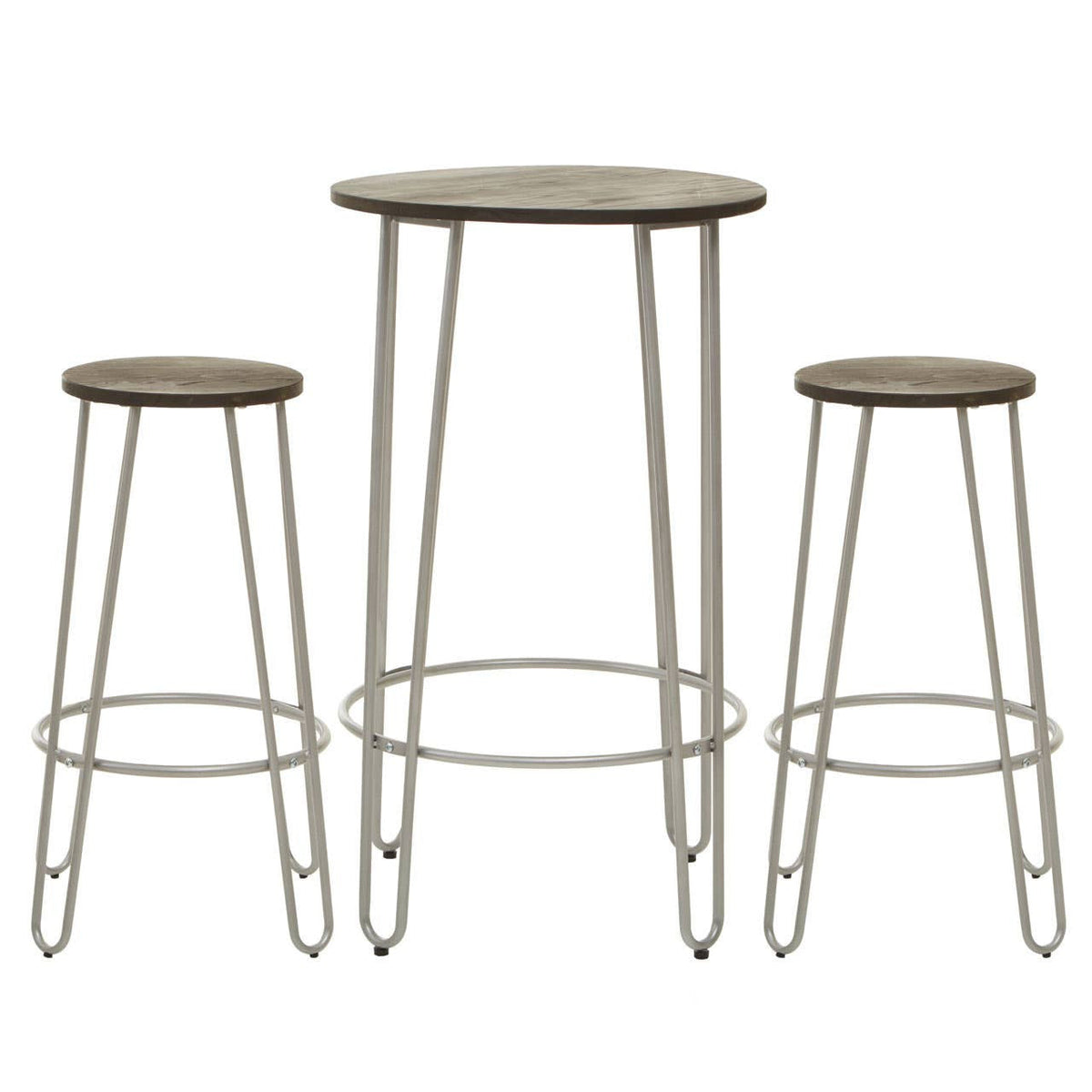 3-piece bar set: round wood-effect table with 2 matching stools, silver hairpin legs