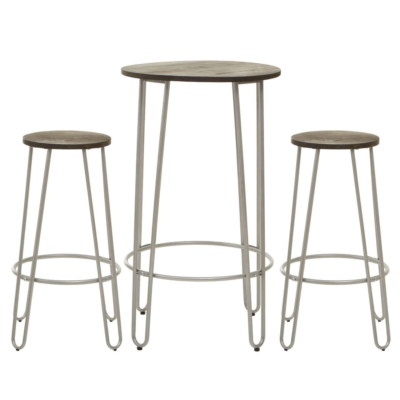 Three-piece bar table and stool set featuring a silver metal frame with a round tabletop and two matching stools. The stools are shorter than the table and have a simple, modern design with slender legs. The tabletop and stool seats have a natural wood finish, creating a stylish contrast with the metallic frame