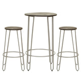 Three-piece bar table and stool set featuring a silver metal frame with a round tabletop and two matching stools. The stools are shorter than the table and have a simple, modern design with slender legs. The tabletop and stool seats have a natural wood finish, creating a stylish contrast with the metallic frame