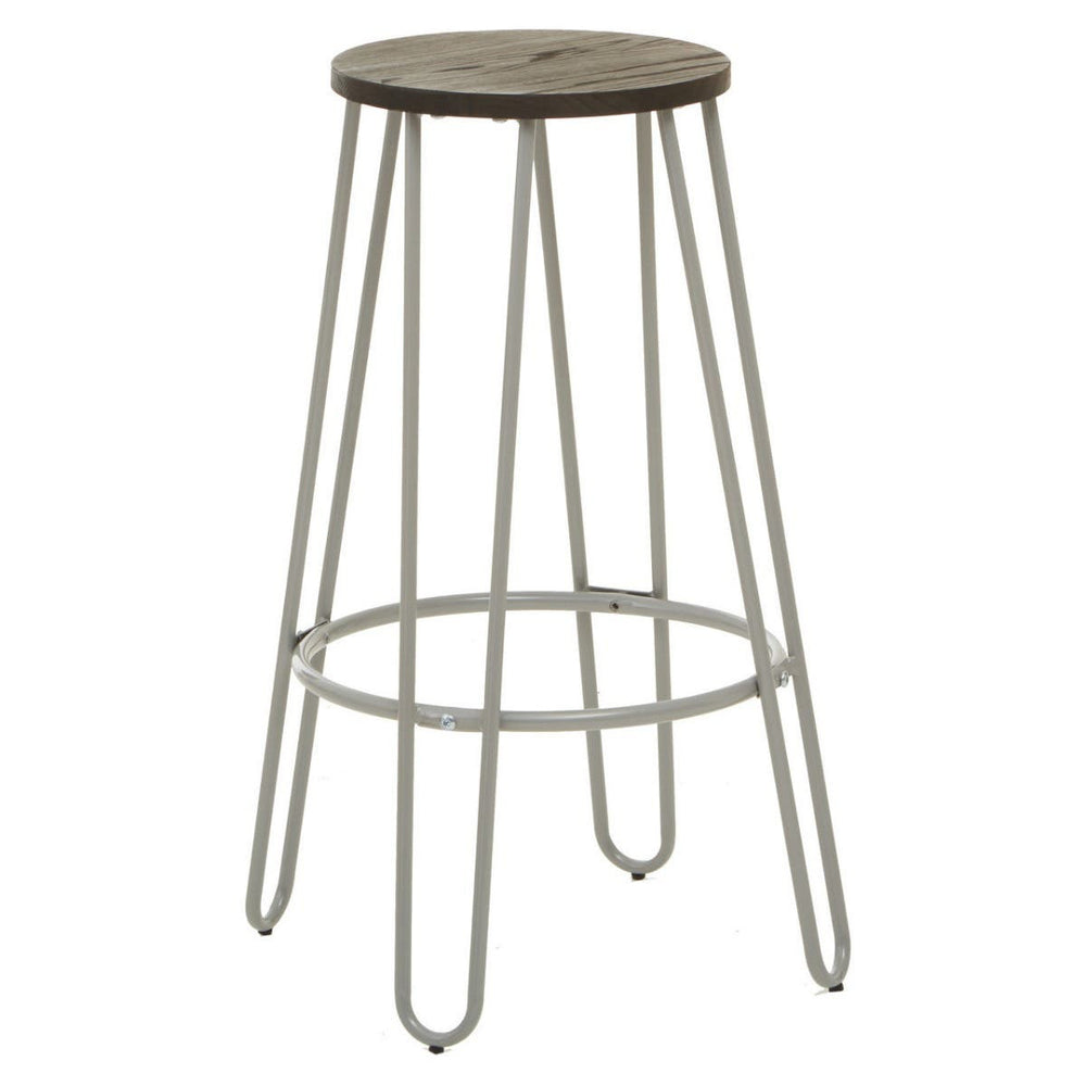 Bar stool featuring a round wooden seat with a grey finish and a sleek metal frame with four slender legs, designed for modern home decor