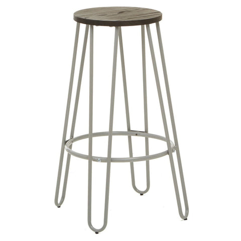 Bar stool featuring a round wooden seat with a grey finish and a sleek metal frame with four slender legs, designed for modern home decor