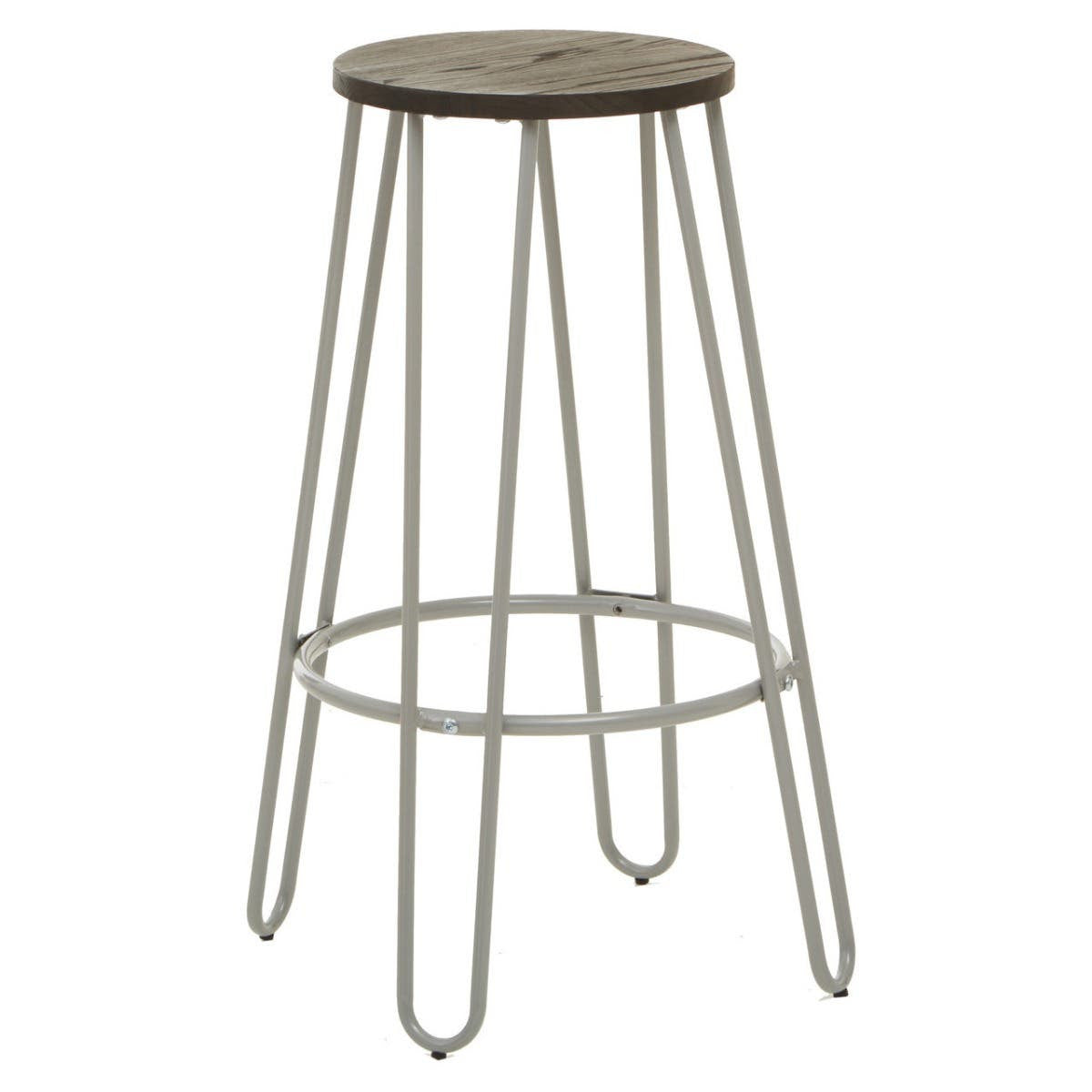 Bar stool featuring a round wooden seat with a grey finish and a sleek metal frame with four slender legs, designed for modern home decor