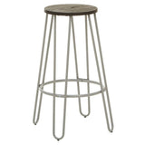 Bar stool featuring a round wooden seat with a grey finish and a sleek metal frame with four slender legs, designed for modern home decor