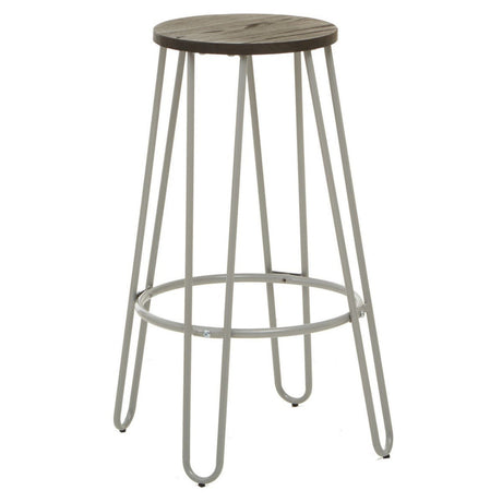 Bar stool featuring a round wooden seat with a grey finish and a sleek metal frame with four slender legs, designed for modern home decor