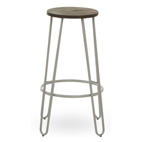 Bar stool featuring a round wooden seat with a grey finish, supported by a sleek metal frame in a light grey color. The design includes four slender legs and a circular footrest for added comfort